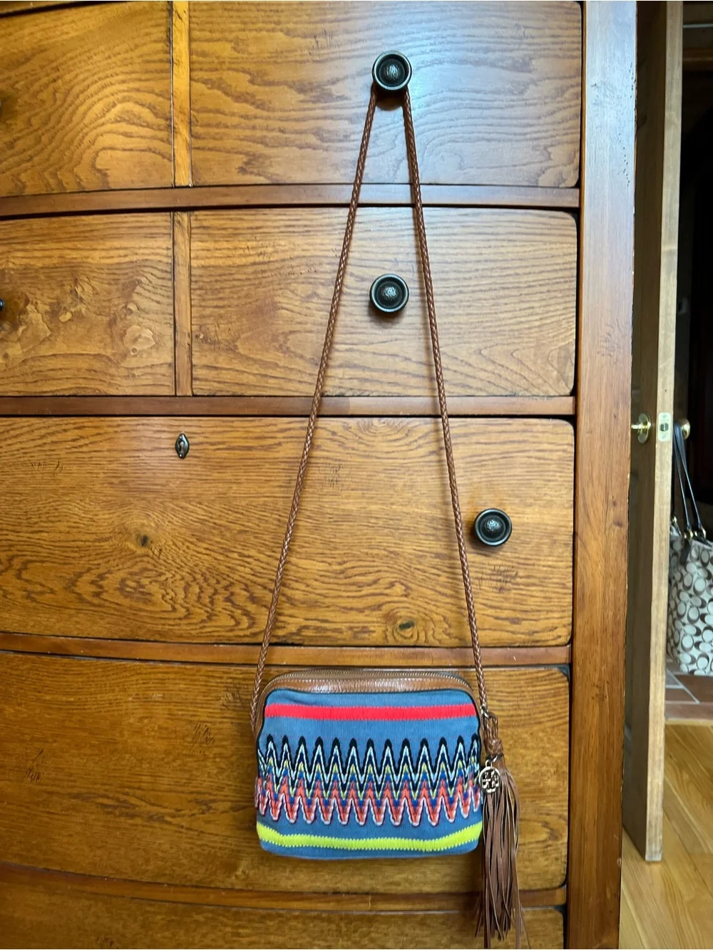 Tory Burch Chambray Blue Multicolor Taylor Embroidered Camera Bag